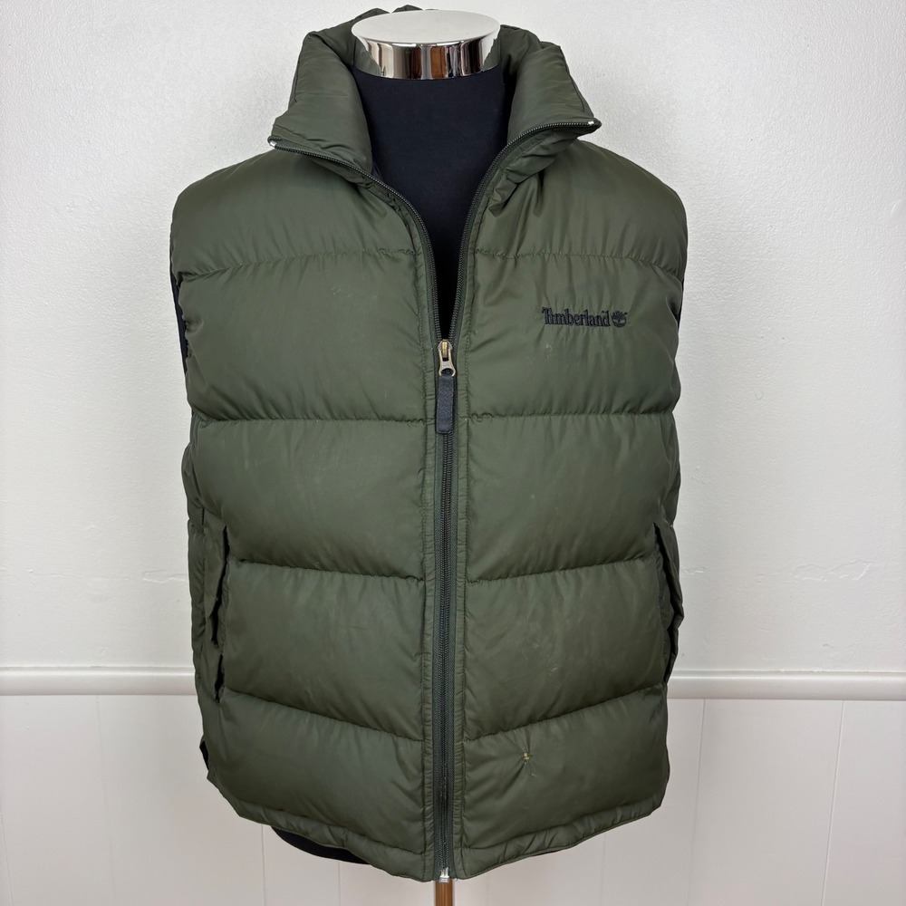 Timberland Mens Vintage Puffer Vest Duck Down Size M  Full Zip Green Y2K StownGo